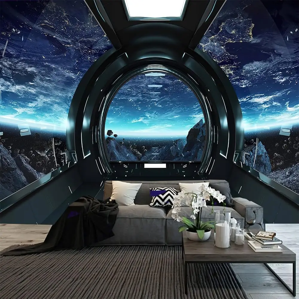 Sci-Fi Spaceship Tapestry Futuristic Space Station Planet Earth Wall Art for Bedroom Living Room Dorm Decor