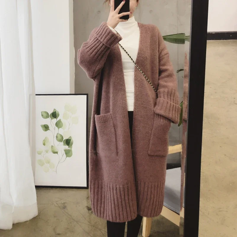 

Women Casual Knitted Sweater Autumn Winter Woman Korean Long Sleeve Streetwear Gray Khaki Red Pink Long Cardigans Coats V-neck