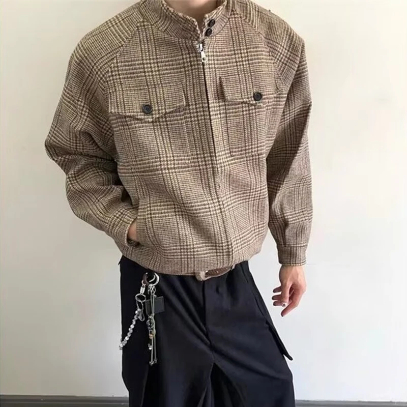 

New Houndstooth Design Woolen-blend Jackets For Men American Retro Plaid Stand Collar Zip Coats Y2K Streetwear Baseball Uniform