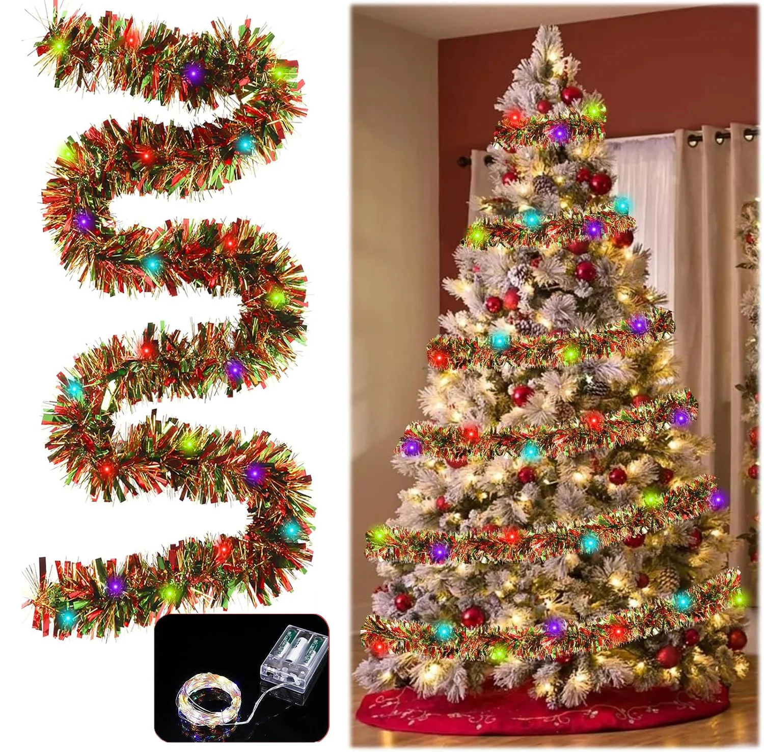 

Гирлянда с мишурой для рождественской елки, металлическая блестящая гирлянда на батарейках со светодиодными гирляндами RGB для домашнего сада, новогоднее украшение