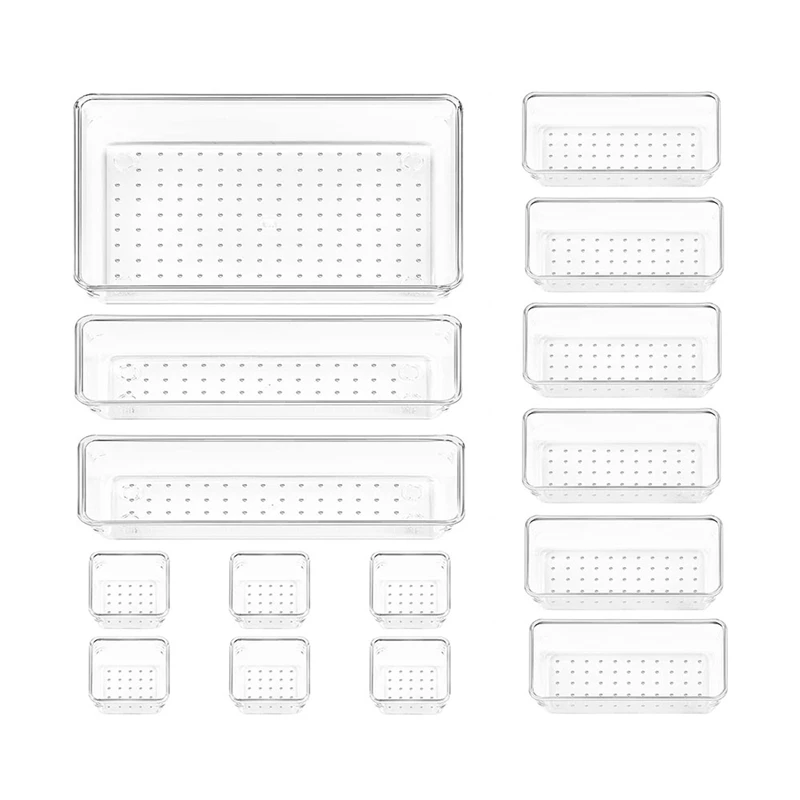 

A25F-15PCS Clear Plastic Drawer Organizer Set 4-Size Versatile Bathroom And Vanity Drawer Organizer Trays Storage Bins