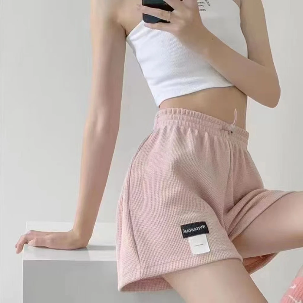 女性弾性ウエストワッフルワイドレッグショートパンツレディースカジュアルハイウエストストレートスポーツショーツ無地
