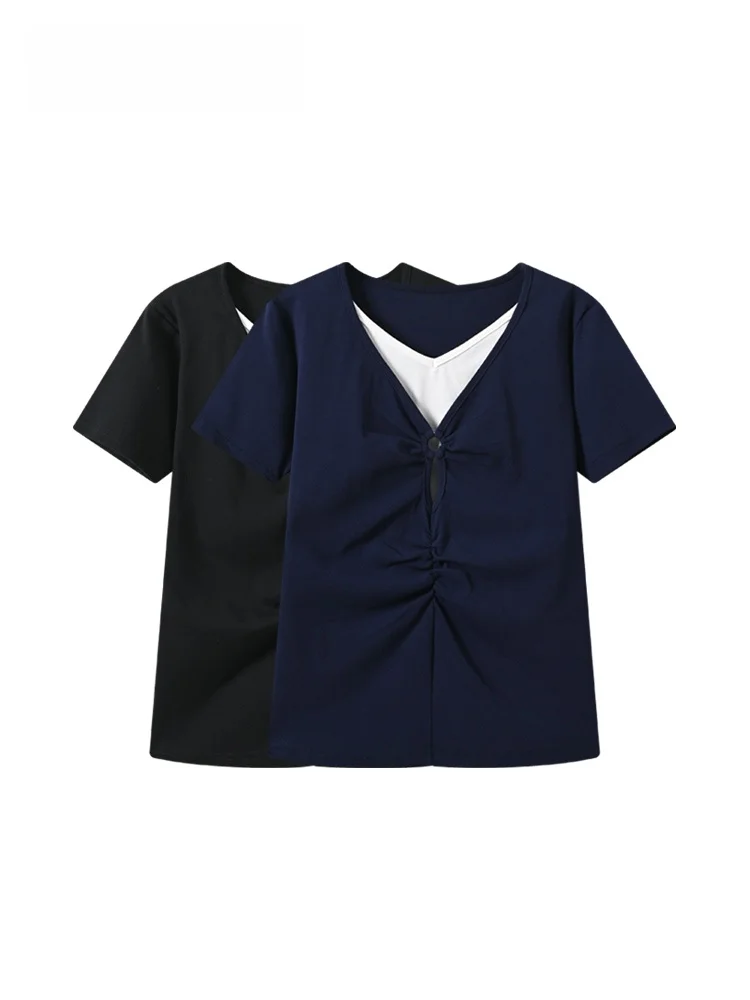 

Summer New plus Size Women's T-shirt Short Sleeve Casual Splice Style Cotton V-neck Regular Sleeve Length Fashionable Top