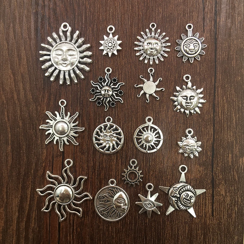 15pcs Zinc Alloy Charms Antique Silver Color Sun Shape Charms Pendants for DIY Necklace Bracelets Jewelry Making Accessories