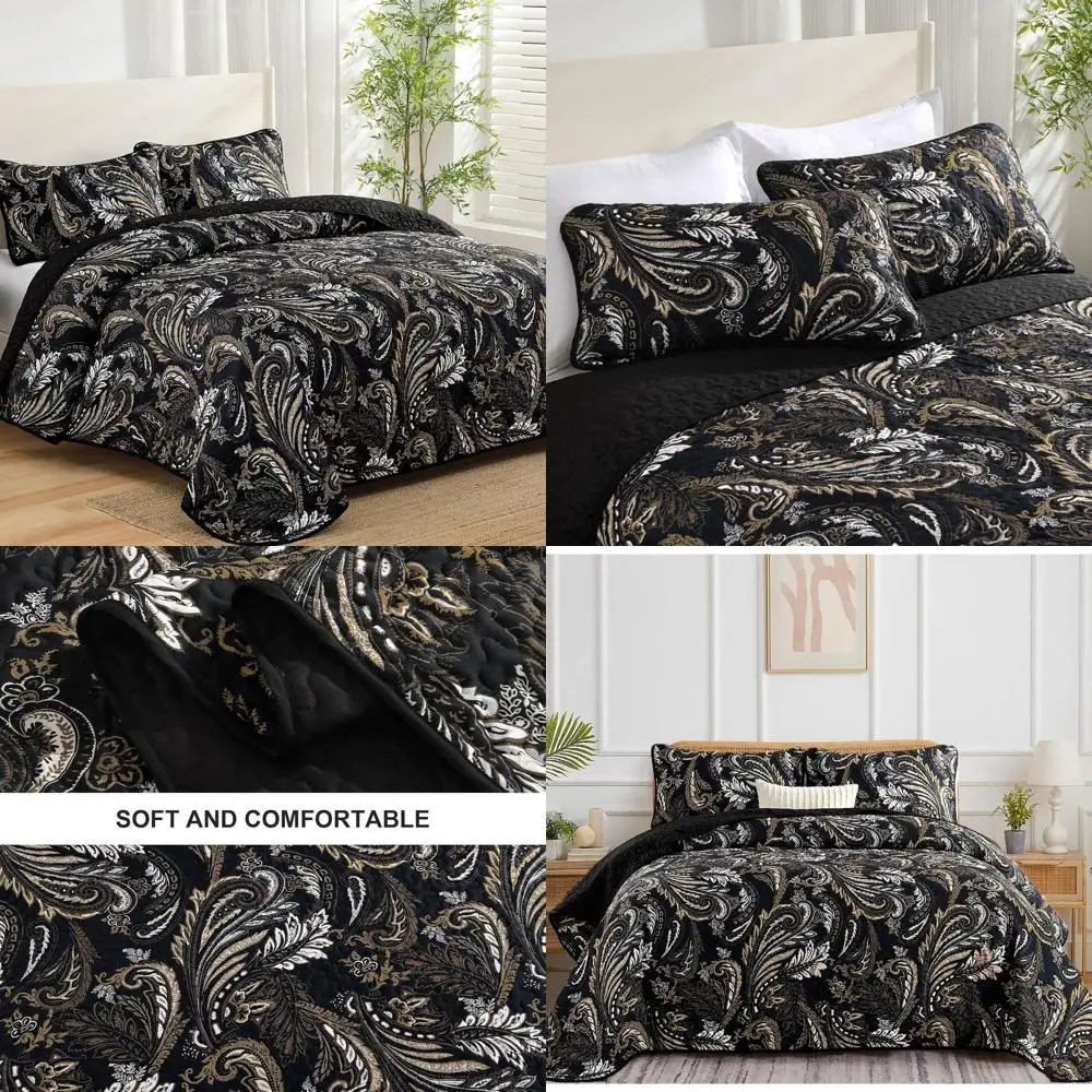 

Комплект постельного белья в стиле бохо, размер Queen, с черным узором пейсли, покрывало-плед с 2 наволочками, легкий комплект из 3 предметов из микрофибры, одеяло-плед для кровати