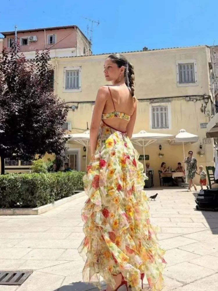 Summer New 2024 Women Sexy scollo a V Backless Flower Chiffon Maxi abiti Dress Split Celebrity Cut Out Beach Maxi Dress