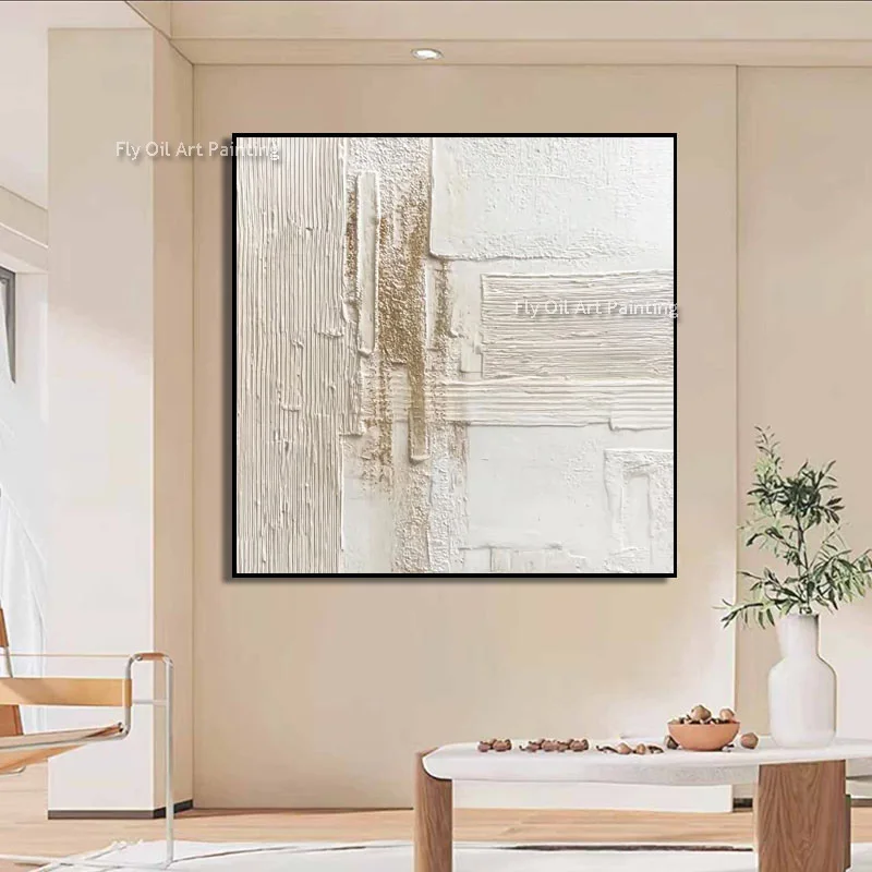 White Beige Gold Textured Abstract Canvas, Hand‑Painted Impasto Oil Painting, Wabi‑Sabi Modern Square Wall Decor
