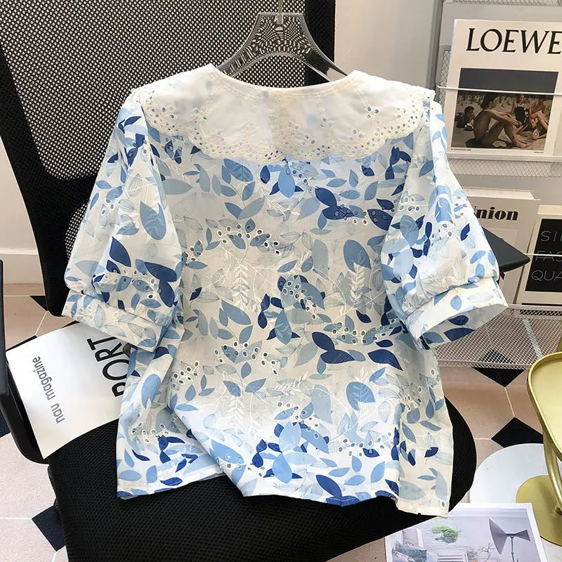 KUSAHIKI Fashion Floral Hollow-out Women Blouse Tops Sweet Peter Pan Collar Puff Sleeve Korean 2023 Summer New Blusas Shirt