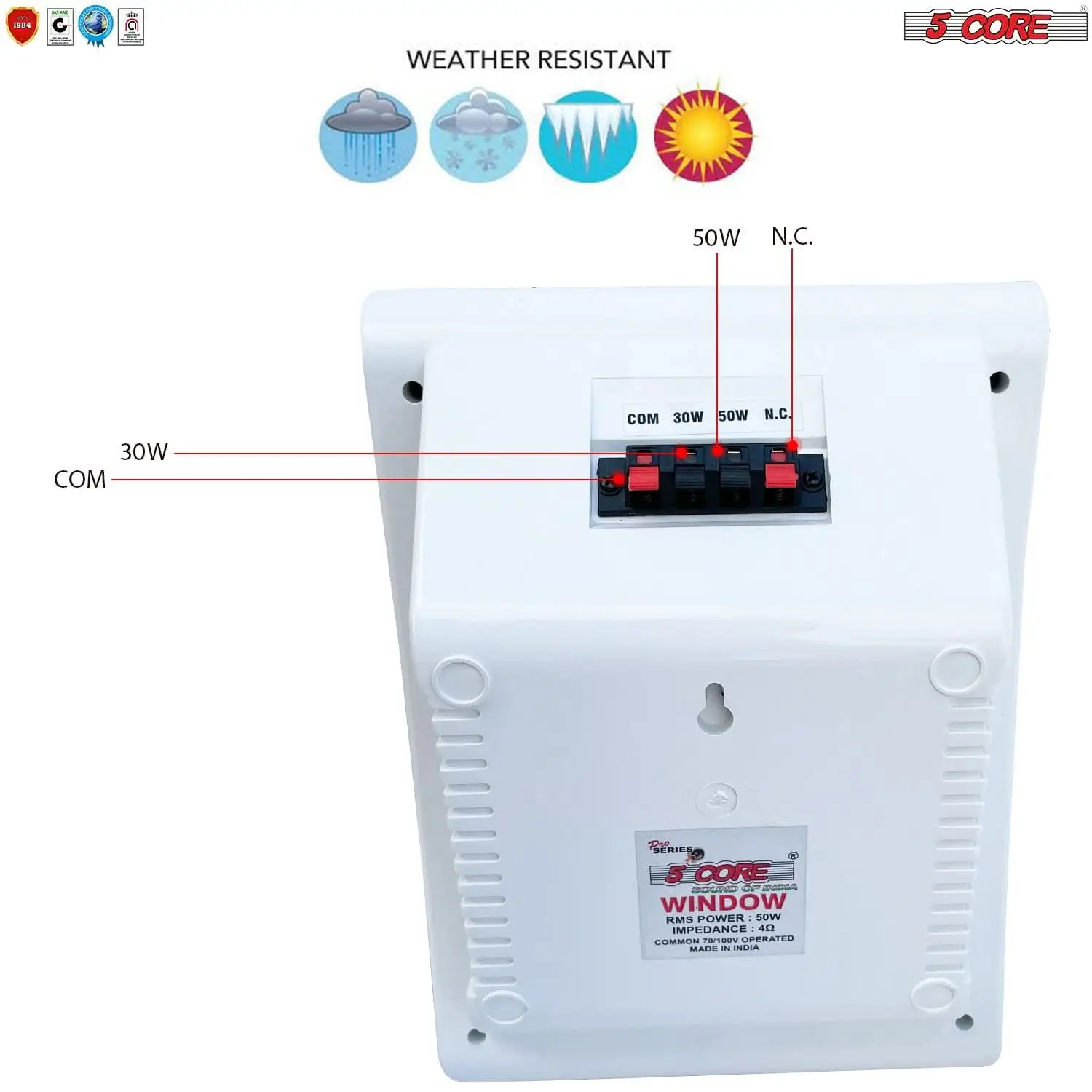ลำโพงสเตอริโอติดผนังกลางแจ้ง 5 ตัว กำลังขับสูงสุด 500 วัตต์ แบบ Passive ติดตั้งแบบมีสาย กันน้ำ ใช้ได้ทั้งในบ้าน ระเบียง โรงรถ และภายนอกอาคาร