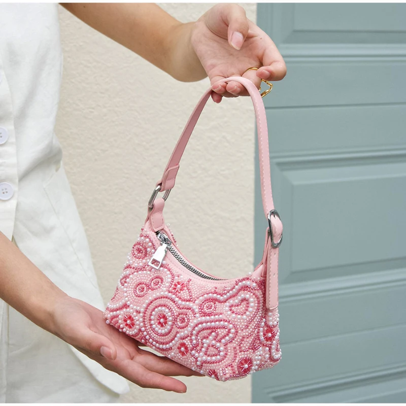 Luxuriöse Perlenverzierte Handgefertigte Stofftasche mit Blumenmuster, Vintage-Handtasche, Elegante Leichte Abendtasche für Damen – Detail 8