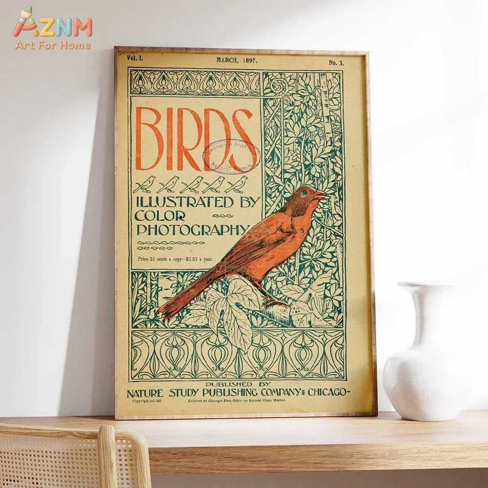 AZNM Vintage Bird Canvas Wall Art Swallow Kingfisher Nature Illustration Print Poster Retro Botanical Home Decor Unframed Painti