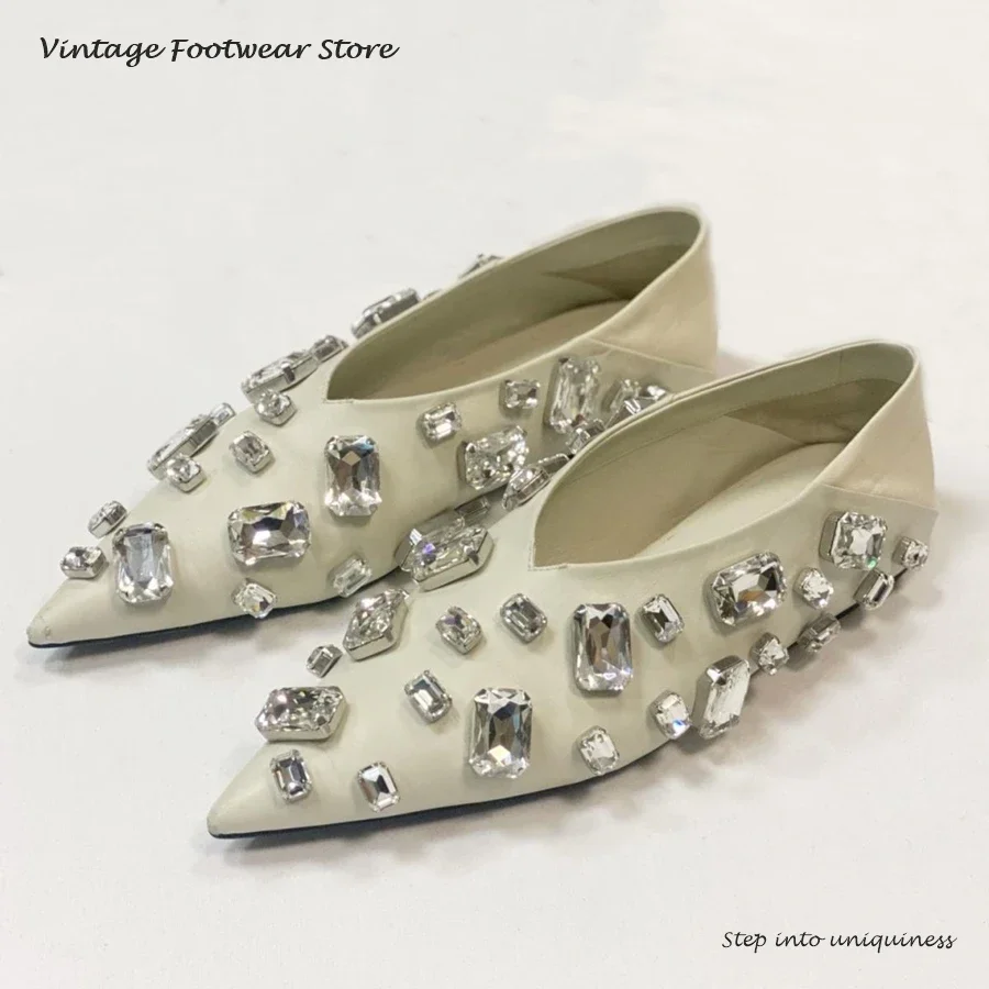 Crystal-embellished Leather Ballet Flats White Pointed Toe Flat with Bling Bling Mules Fashion Slip-on Jeweled Casual Shoes