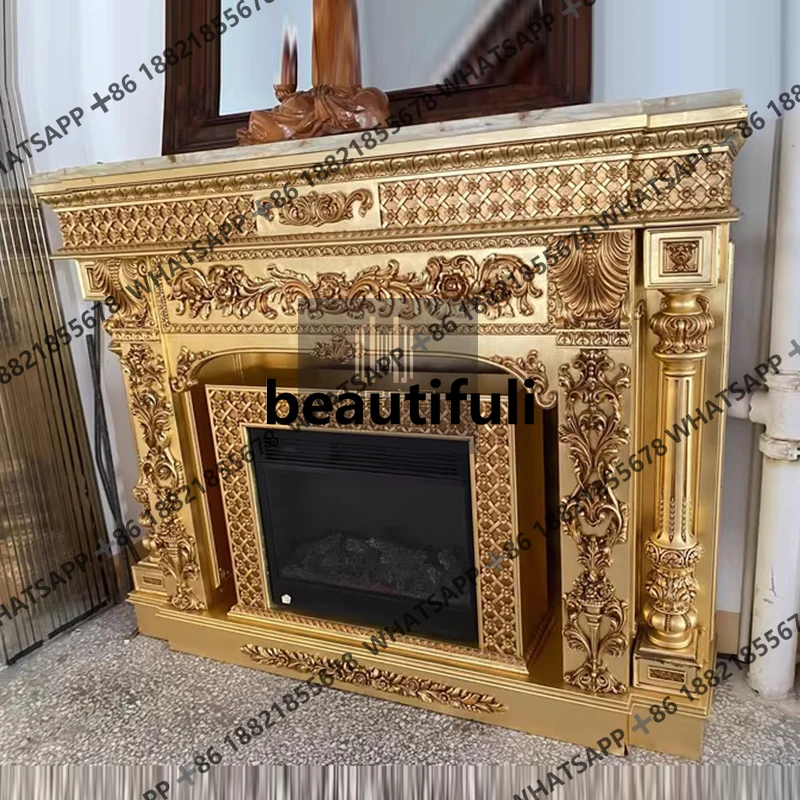 French solid wood mantel European living room mantel simulated fire fireplace carved electric fireplace gold leaf cabinet
