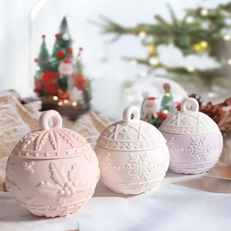 new design christmas round ball jar silicone mold with lids diy handmade concrete relief snows berry scented candle vessel molds