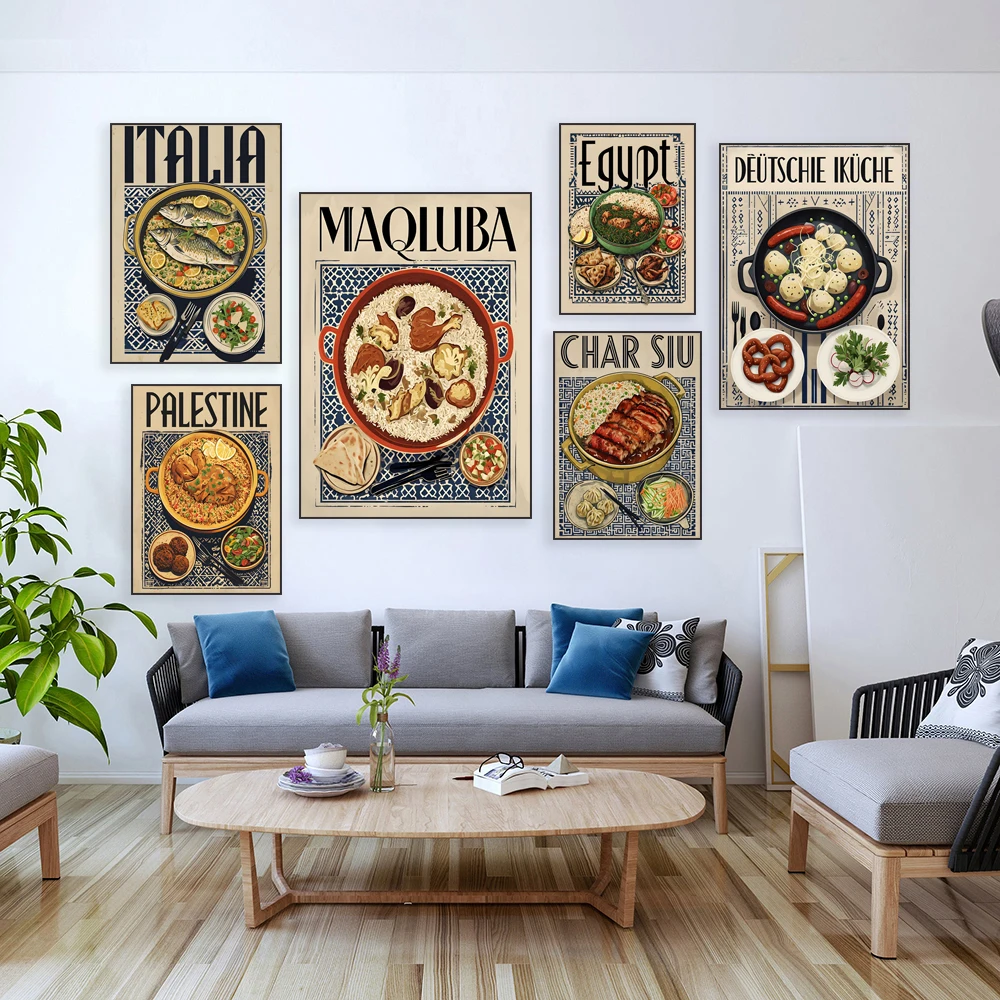 Italian grilled fish, Asian Cantonese barbecue, dumplings, Lebanese culinary art, South African cuisine kitchen decoration poste