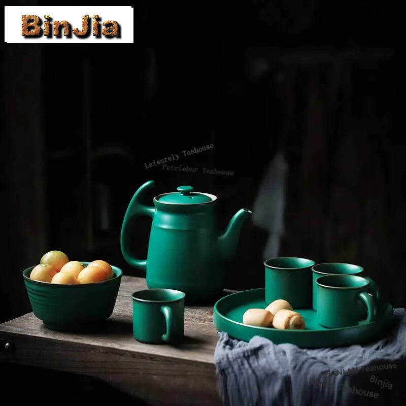660ml Retro Ceramic Large Capacity Teapot Green Handle Jug Flower Tea Cups Single Teakettle Make Tea Kettle Household Teaware