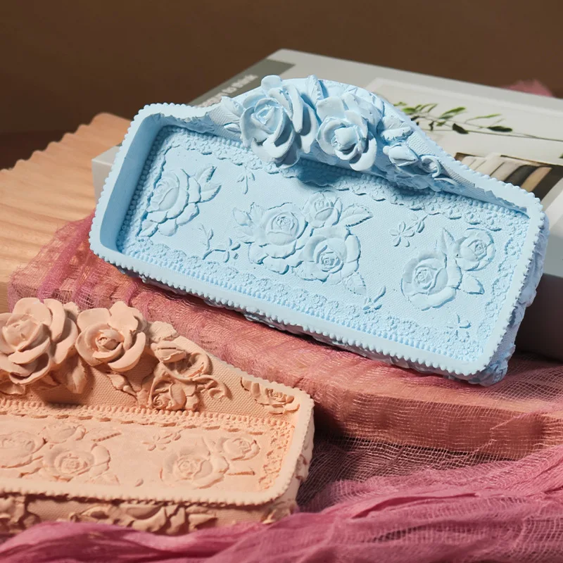 Rose Relief Gypsum Plaster Molds DIY Jewelry Storage Plate Concrete Cement Silicone Mold Fragrance Candle Cup Holder Resin Mould