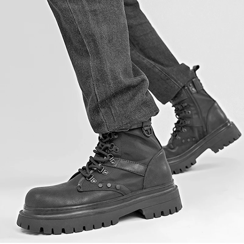 

Весенне-осенняя обувь, модные мужские мотоциклетные ботинки, брендовые мужские ботильоны на одинарной платформе, чистый черный, на толстой подошве, нескользящий, крутой стиль DX585