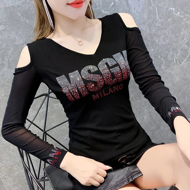 2023 New Fall Winter European Clothes Mesh Back T-Shirt Sexy V-Neck Off Shoulder Shiny Diamonds Women Tops Long Sleeve Tees 3918