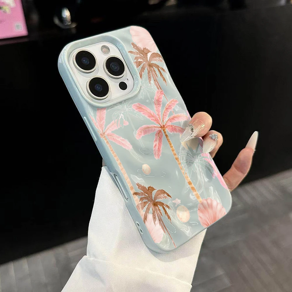 Sommer-Kokosnusswald-Kunst-Handyhülle für iPhone 17 16 15 14 13 12 11 Pro Max 14 Plus 17Air Falten-Wellen-Soft-Silikon-Schutzhülle – Detail 2