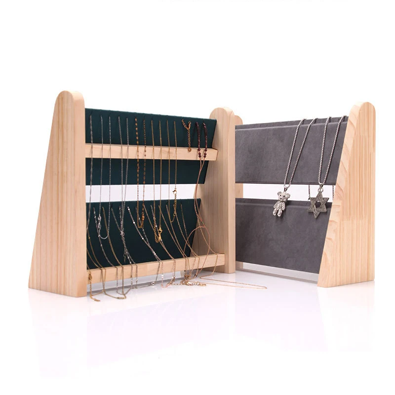 2 Layers Wood Slope Shape Jewelry Display Necklace Pendant Bracelet Organizer Stand Holder Rack Showcase Tray