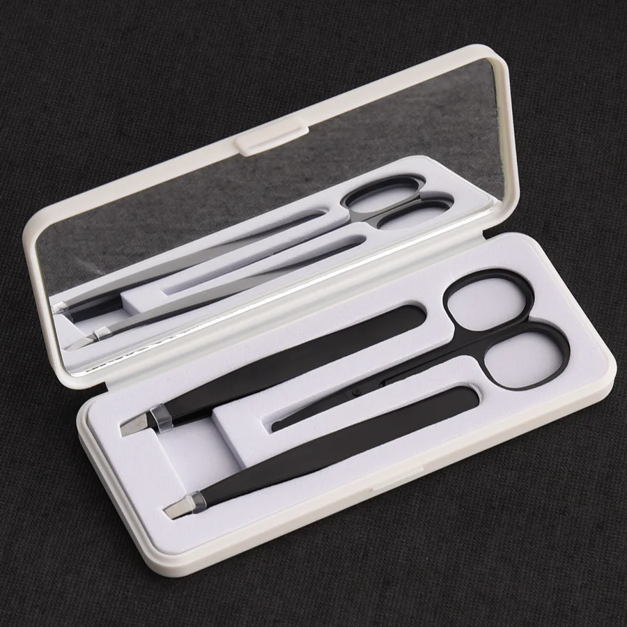 مجموعة ملاقط ومقصات من الفولاذ المقاوم للصدأ مع مرآة ، تشذيب الجمال ، قص الشعر ، الحاجب ، اللحية ، الأنف ، أسلوب الشعر ، 3 روض
