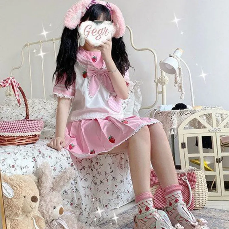 Strawberry JK Uniform Set Y2K Kawaii Lolita Outfit Sailor Collar Top Pleated Skirt 2 Piece Girl Summer Cosplay Top Dress Set New