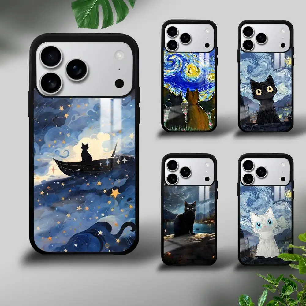 

1PC Van Gogh Cute Cat Phone Case For iPhone 17 16 15 14 13 12 11 Pro Max Mini Plus Hard Mirror Funda
