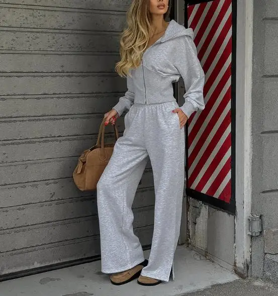 

Slim Fit Women's Set for Spring and Autumn, Simple and Fashionable Zipper Hooded Sweatshirt Jacket and Straight Leg Pants Set