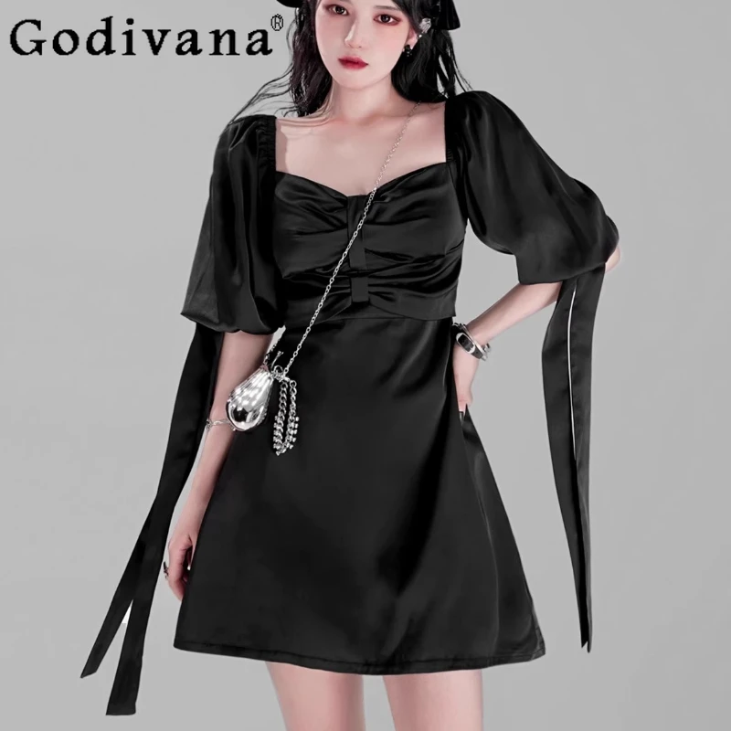 

Summer Black Sweet Bow Short Puff Sleeve Ribbon Dress Temperament Square Neck Cute Girl Vacation High Waist A-line Fairy Dresses