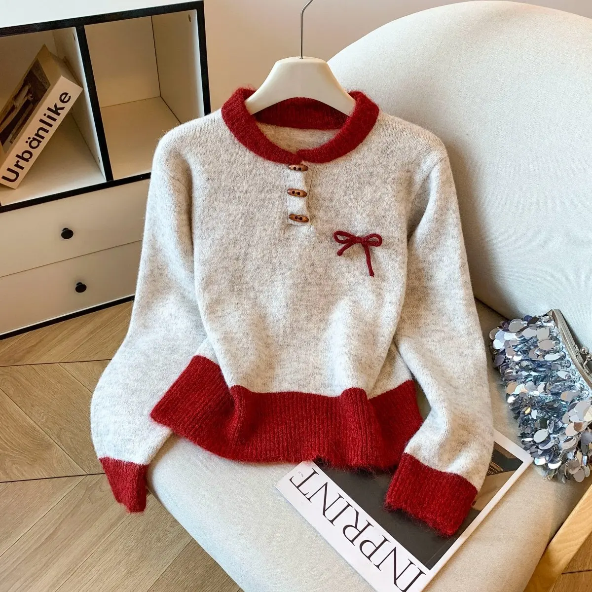 Maglione da donna Maglione lavorato a maglia color block Autunno Inverno Fiocco con bottoni decorativi Pullover girocollo Dolce top corto in maglia