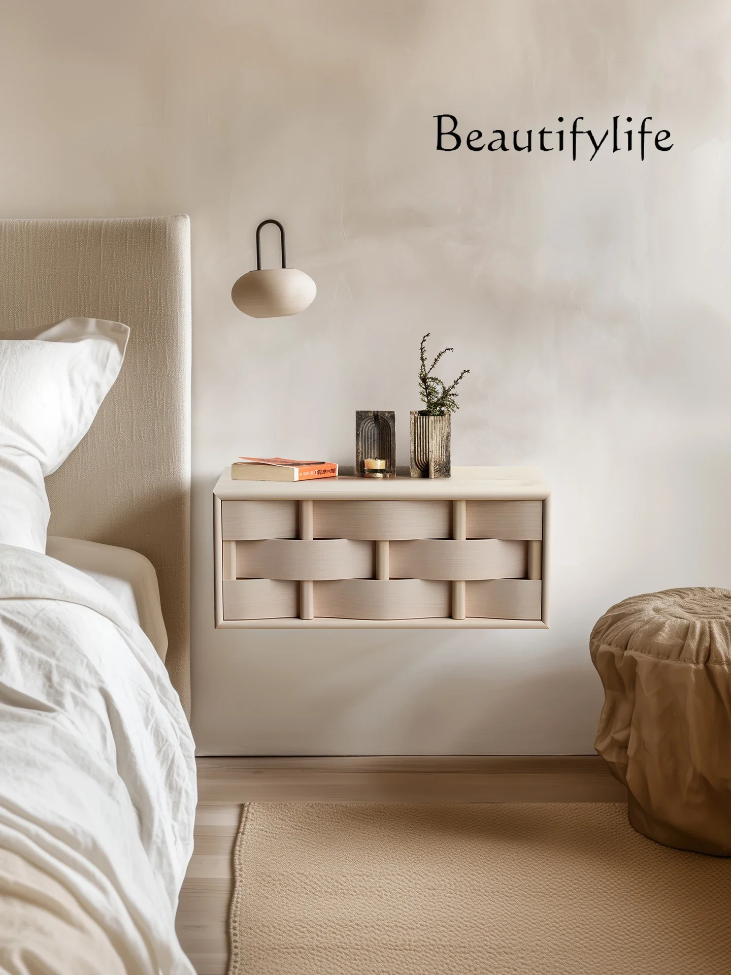 O Solid Wood Bedside Table Design Sense Niche High Value Wall-mounted Suspended Storage Cabinet Minimalist Hanging Cabinet