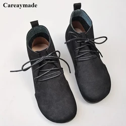 Careaymade-Genuine leather big size women's shoes soft flat sole single boots handmade man's wool warm short ankle boots winter