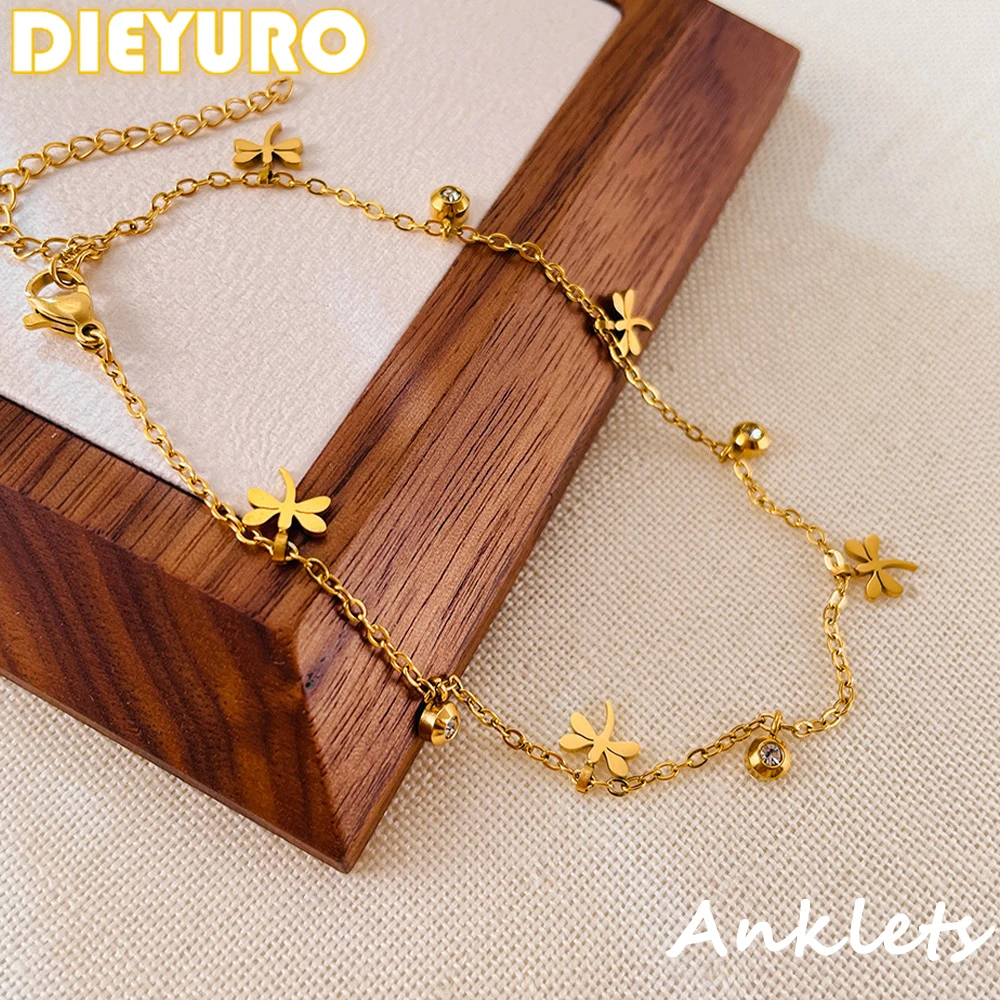DIEYURO 316L Stainless Steel Golden Dragonfly Round Zircon Pendant Anklet For Women New Fashion Foot Chain Jewelry Holiday Gift