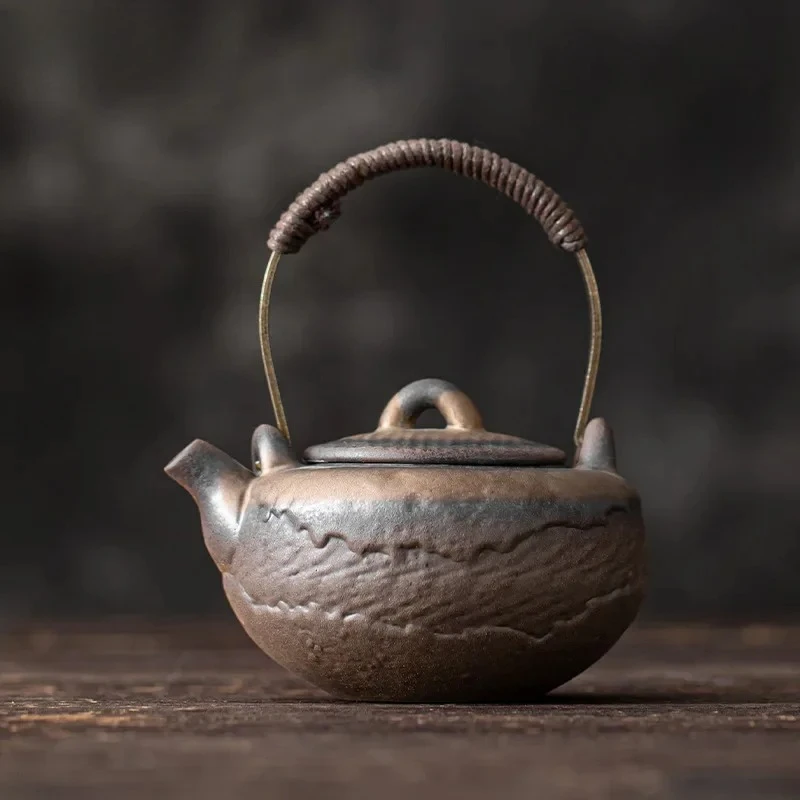 Stoneware Gilding Iron Glaze Curtain Ancient Loop-Handled Teapot Domestic Ball Hole Filtering Pot Kung Fu Tea Kettle Tea Infuser