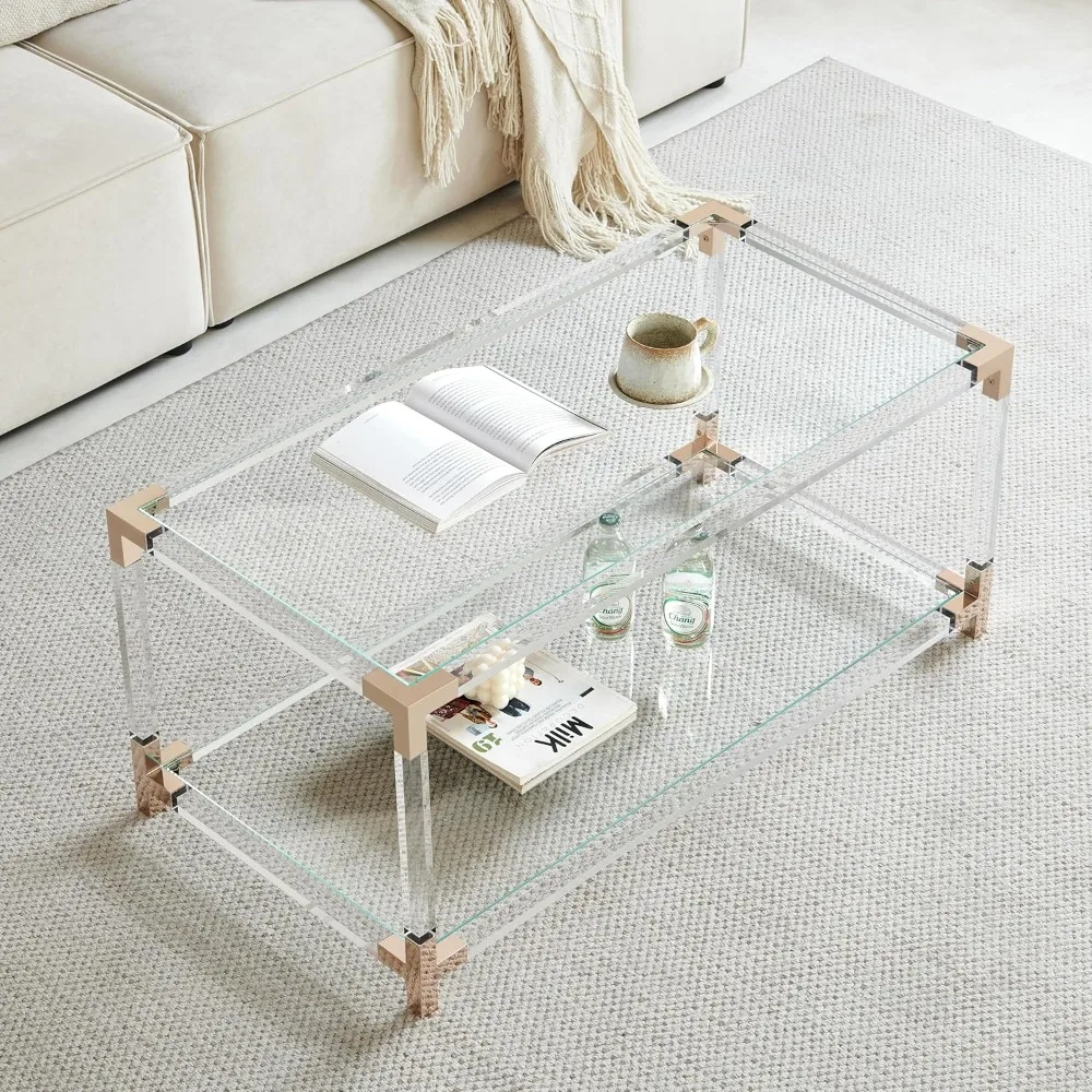 

Glass Coffee Table Living Room, Modern Double Layer Glass Living Table for Living Space, L41 x W21 x H16, Clear Glas