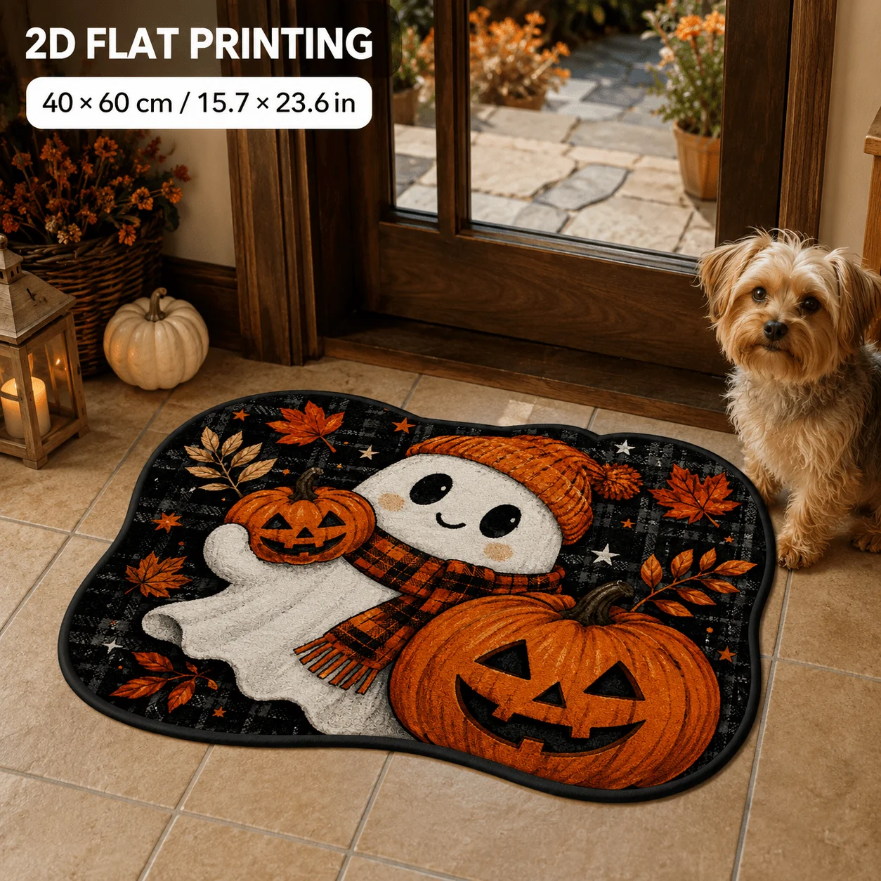 VIKAMA Farmhouse Halloween Irregular Mat Kawaii Ghost Plaid Scarf Pumpkin Maple Leaf Non Slip Absorbent Thin 2D Entry Floor Rug
