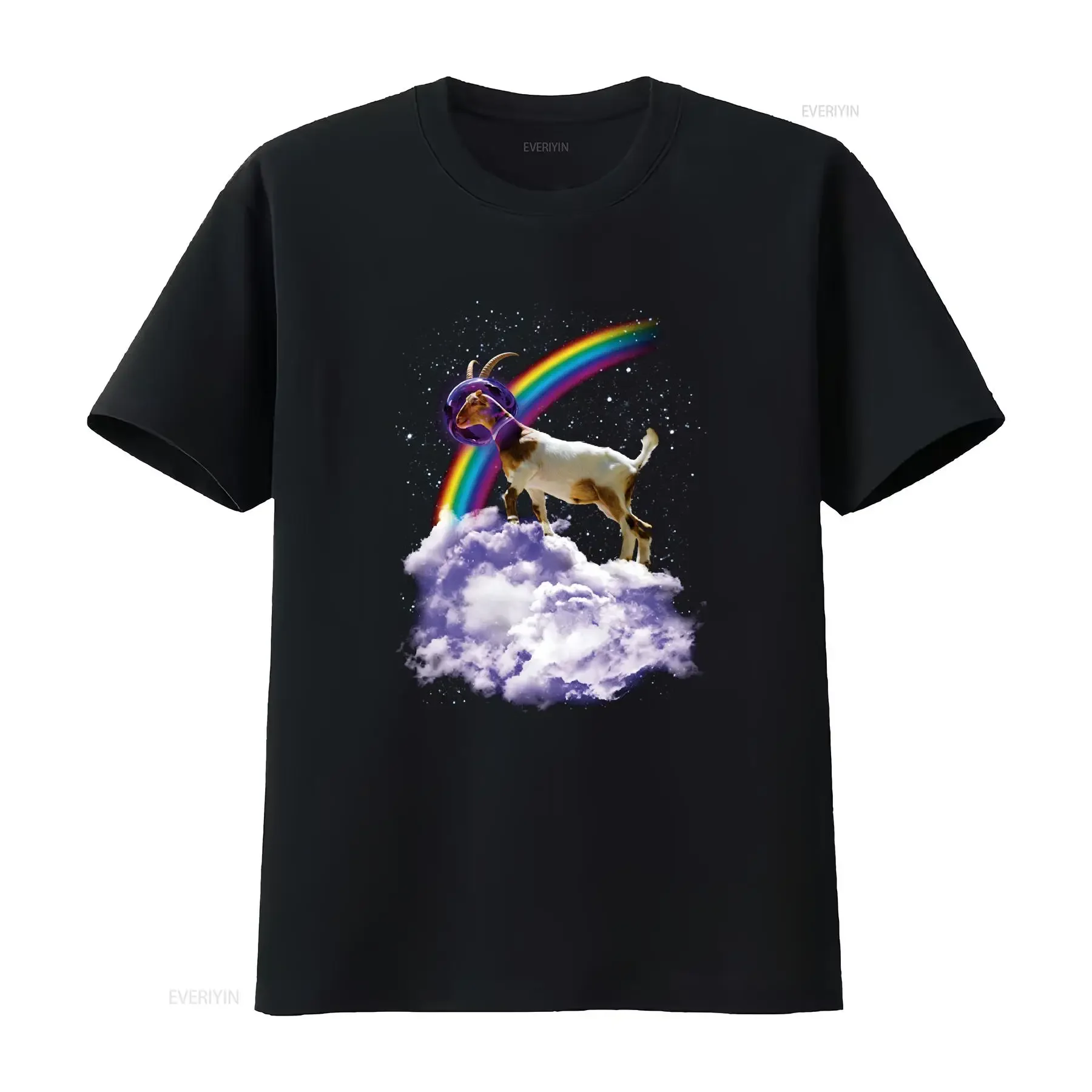 Rainbow Goat on a Cloud Women's T Shirt Galaxy Space Funny Universe Gag vintage Washed Unisex Casual Comfortable homme