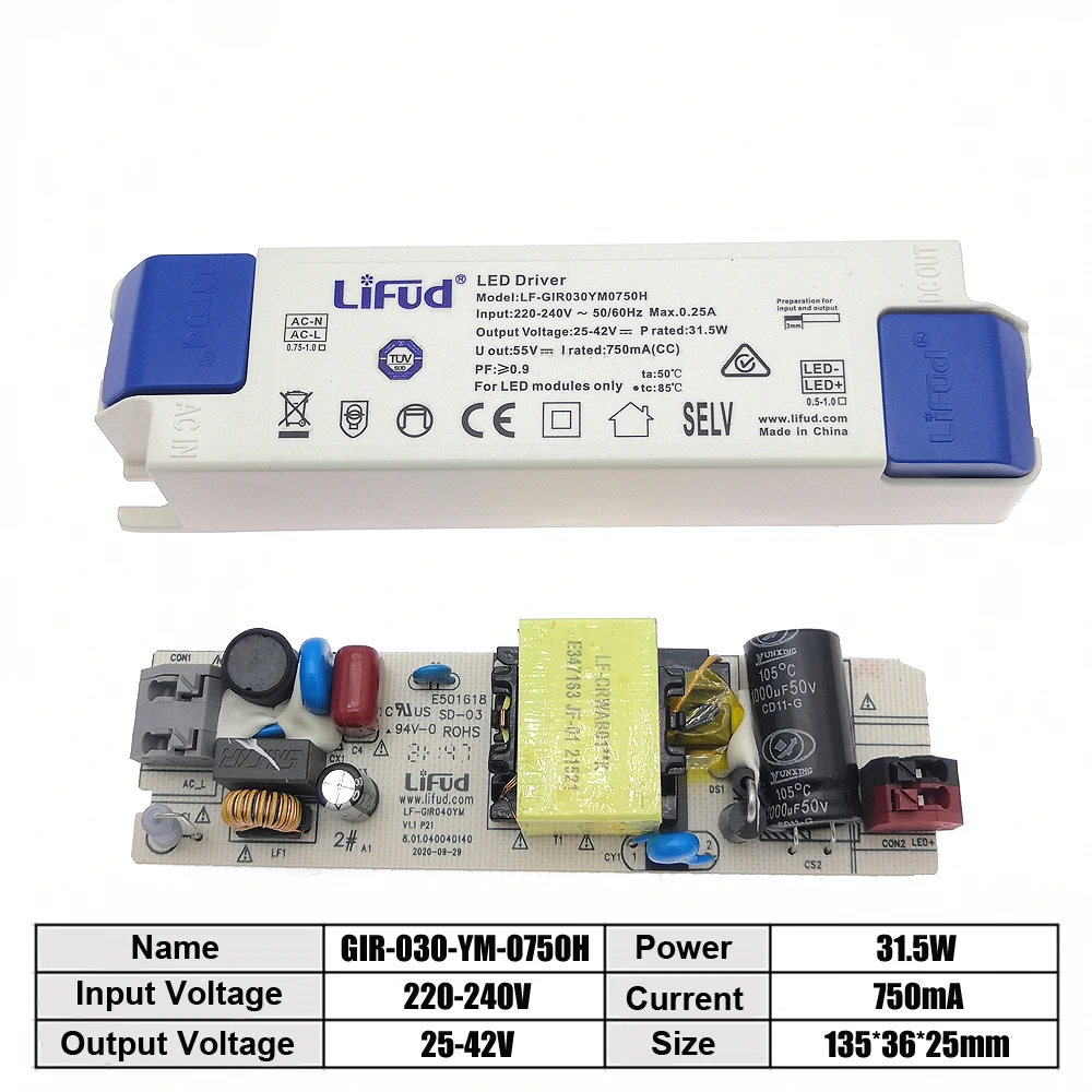 Lifud LED Driver 25W-31W 600mA 650mA 700mA 750mA LF-GIR030YM 25-42V High PF Contant Current Isolation Lighting Transformer