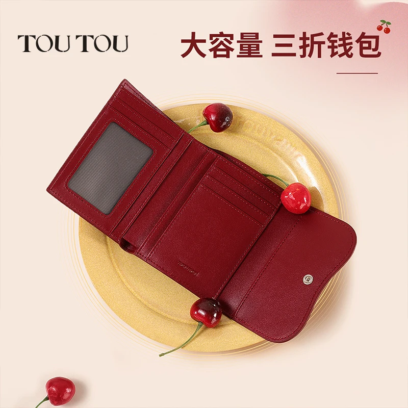 Birthday & Christmas Gift: The New TOUTOU Cowhide Wallet, a Lightweight, Compact Red Card & Coin Purse, a Gift for Girlfriend