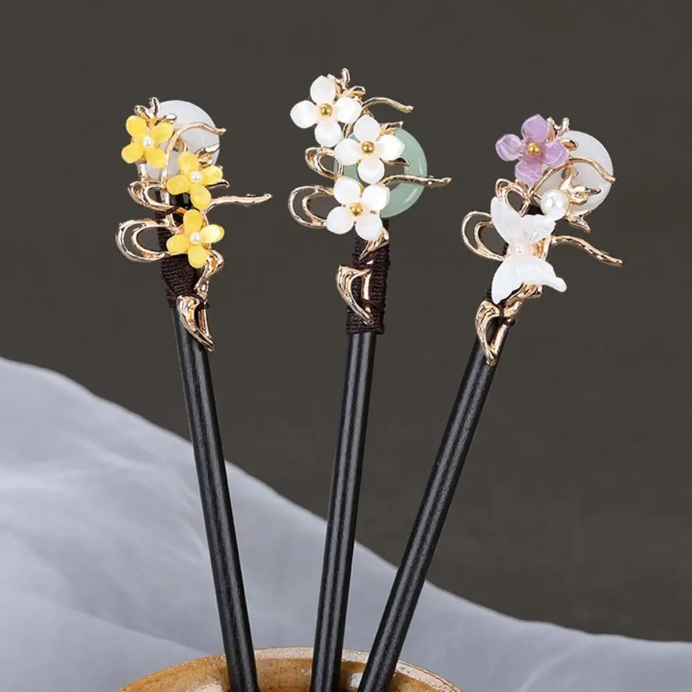 Hairstyle Design Tool Wood Flower Jade Buckle Chinese Style Headwear Hanfu Hair Sticks Ancient Style Hairpin Wooden Hairpin