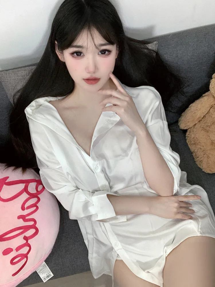 

Fashion White Color Shirt Perspective Female Sexy Sleepwear Gown Bathrobe For Women Babydoll Nightwear Sleepskirt Underwear