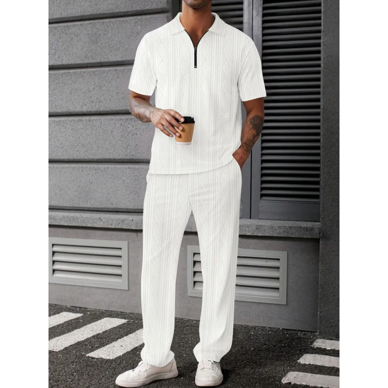 NewLilbetterJacquard Textured KnitpoloShirt Men's Short Sleeve+Two-Piece Pants Set
