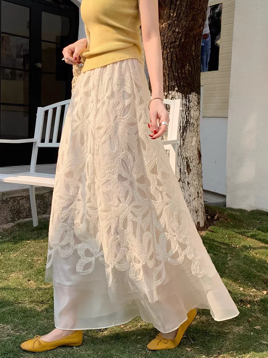 

Новая женская юбка макси из сетчатого тюля с цветочной вышивкой, весна-лето 2026, с завышенной талией, А-силуэт, с расклешенным подолом