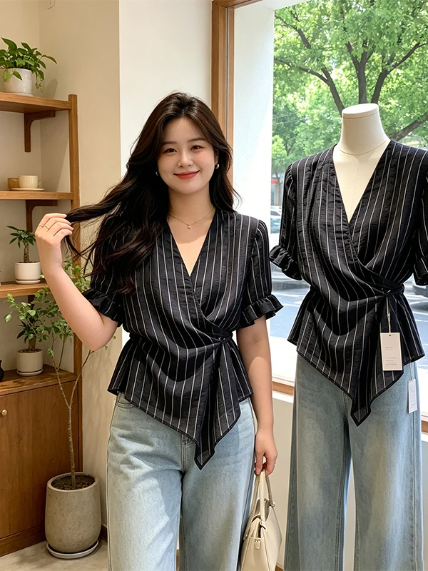 

Slim Fit Striped Shirt Women's V-Neck Short Sleeve Slimming Korean Style Commute Wind Summer New Arrival Light Weighted Tunic