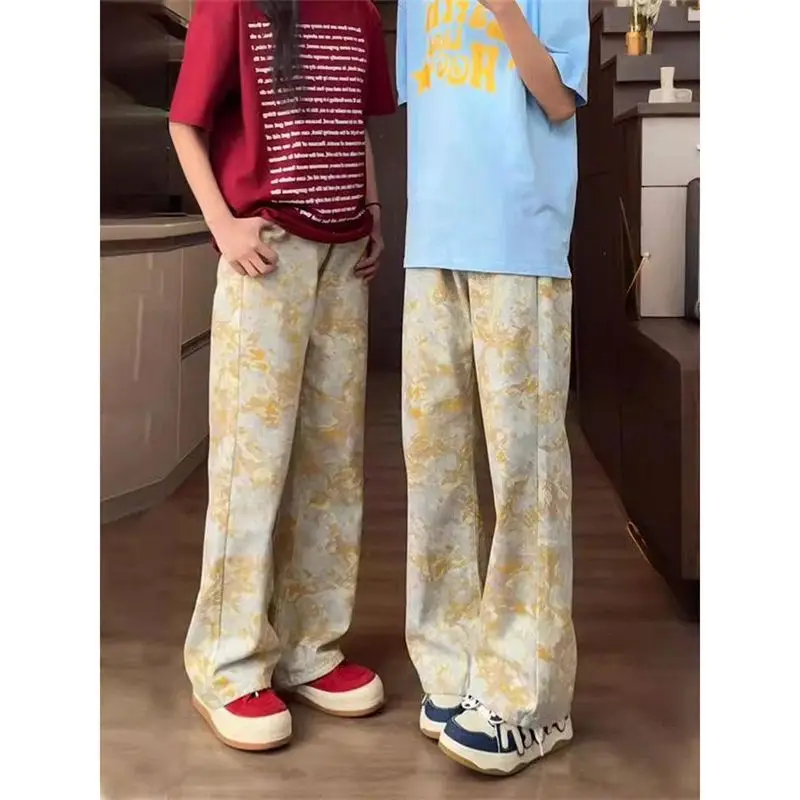 

American Dyed Jeans Men's Cleanfit Trendy Brand Waed Knife Pants Straight Micro Flared Long Trousers Cotton Polyester Blend