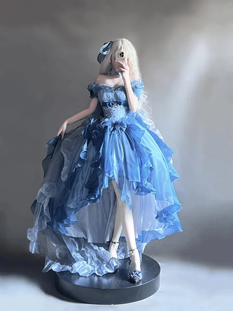 

Blue Wedding Dress Lolita Dress Heavy Industry with Belt Long Trailing High Waist Slim Fit Exquisite Elegant Princess Dresses DE