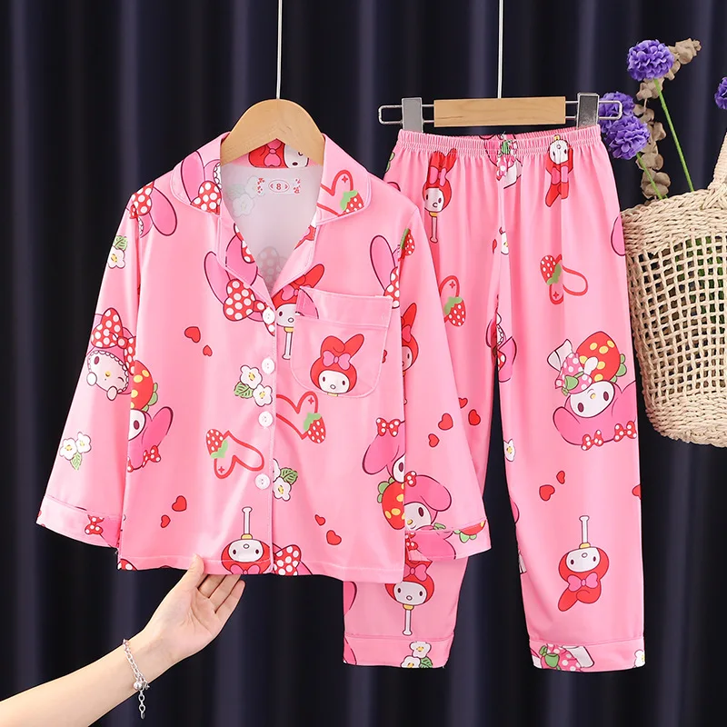 Melody Children's Pajamas For Girls Spring And Autumn Thin Kuromi Baby Set Autumn Long Sleeved Cardigan Home Fury