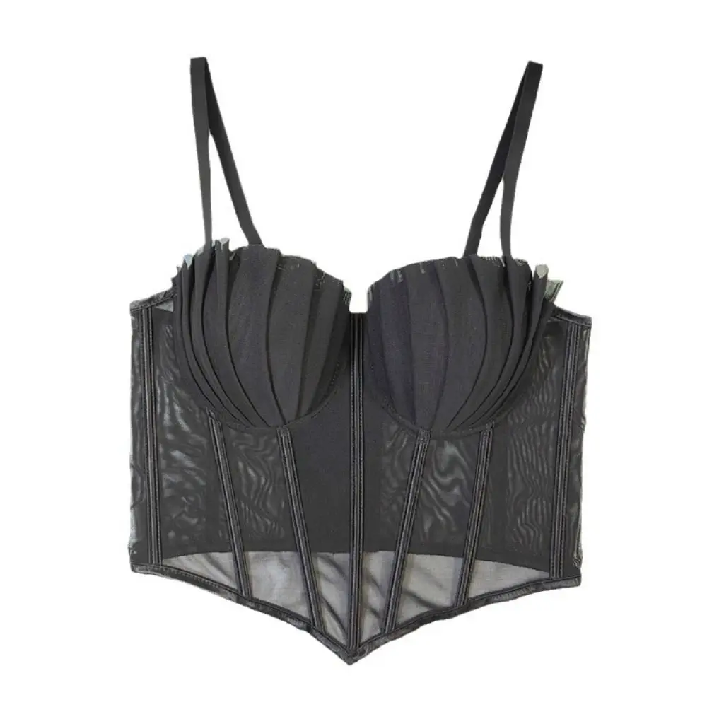 Fashion Pleated Mesh Camisole Transparent Slim Fit Y2k Crop Tops Sleeveless Suspender Vest Ladies