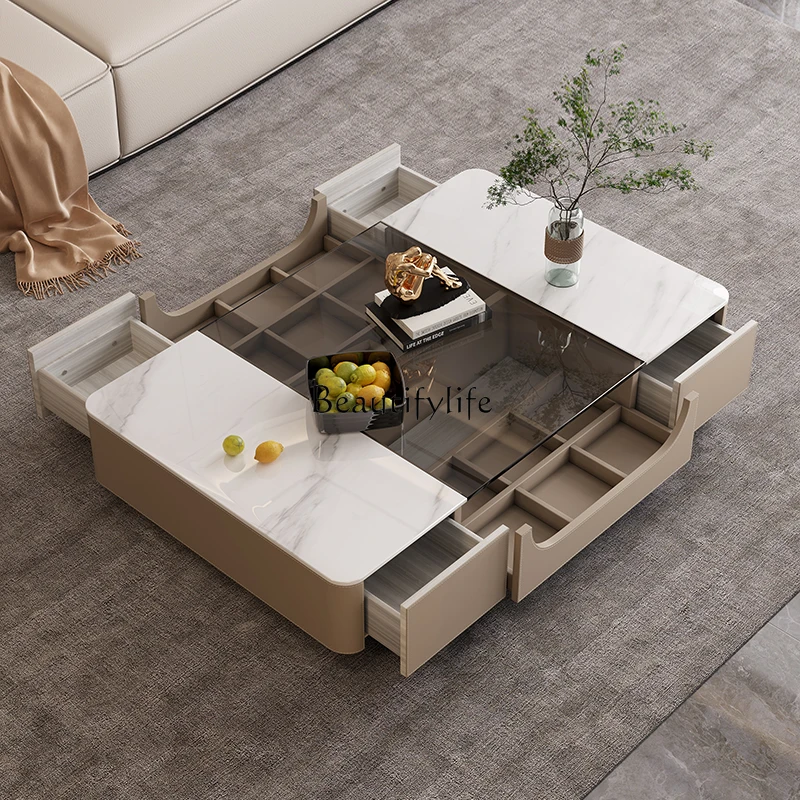 

5Light luxury saddle leather coffee table Modern household high-end rectangular solid wood multi-functional storage coffee table